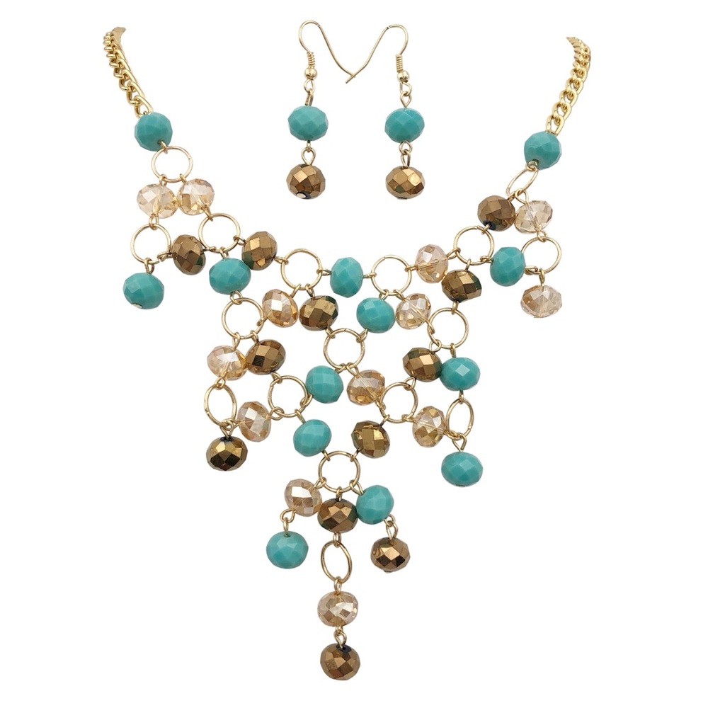 Blue & Brown Tones Glass Beaded Bib Gold Necklace & Earrings Set